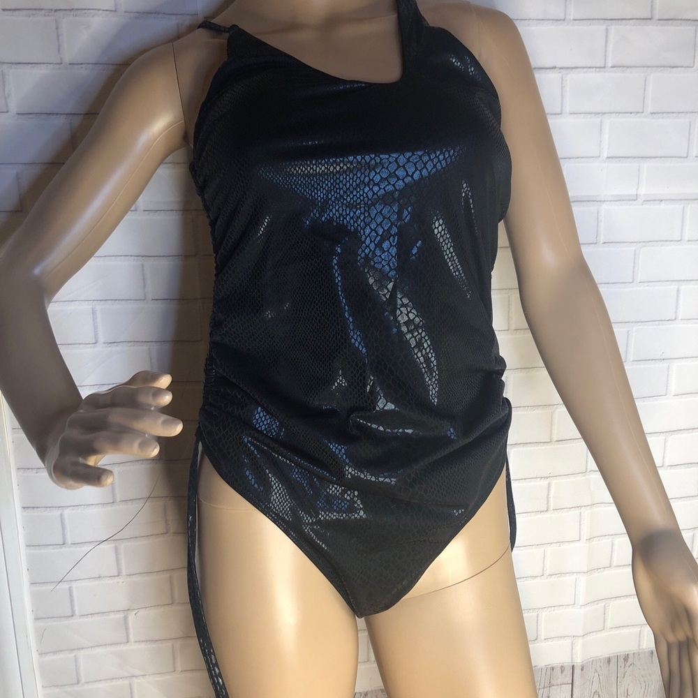 Black High-Neck One-Piece Swimsuit with Glossy Finish